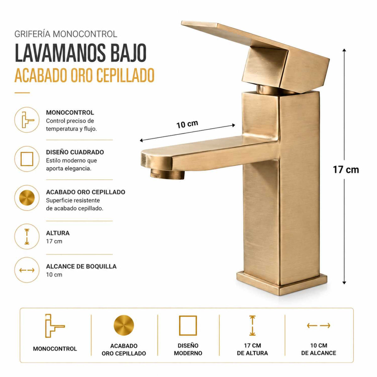 Grifería Monocontrol Lavamanos Cuadrada Oro Cepillado 17 cm
