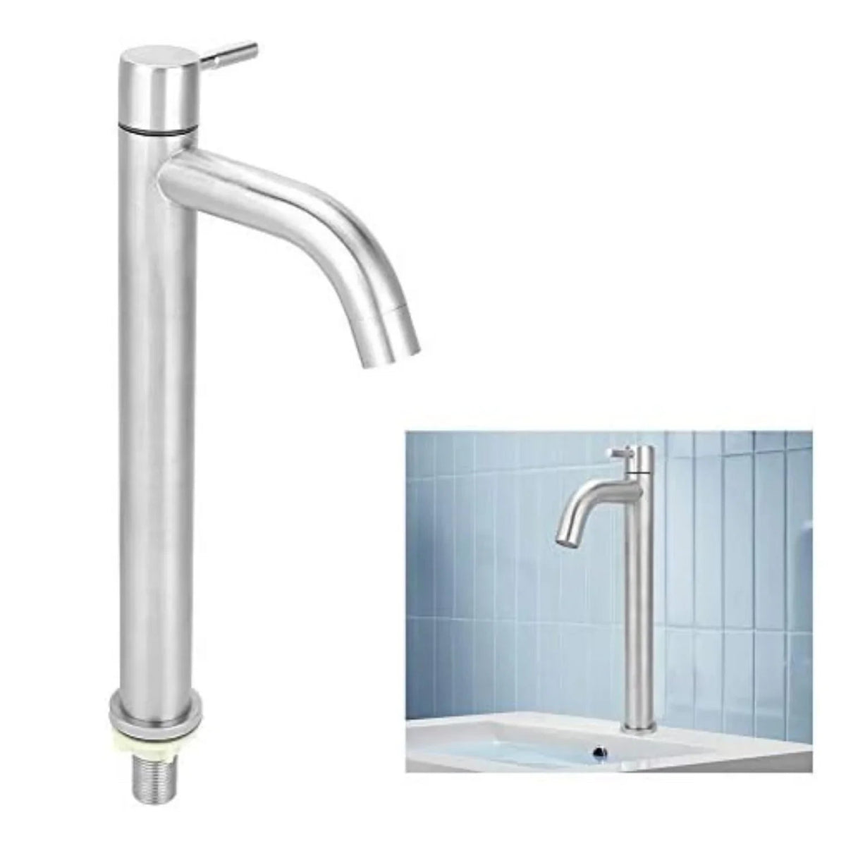 Kit Grifería Lavamanos Poste Alto Agua Fría + Sifón Desagüe Push Flexible Corrugado - Acero Inoxidable y Cromado