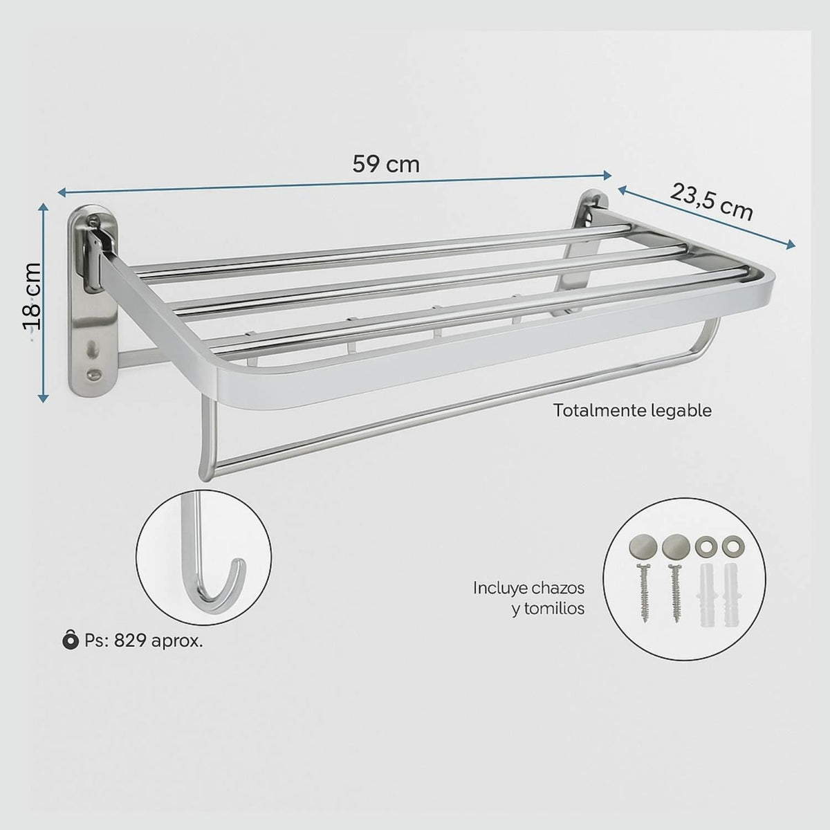 Toallero Hotelero Acero Inoxidable Plegable Ganchos 59Cm