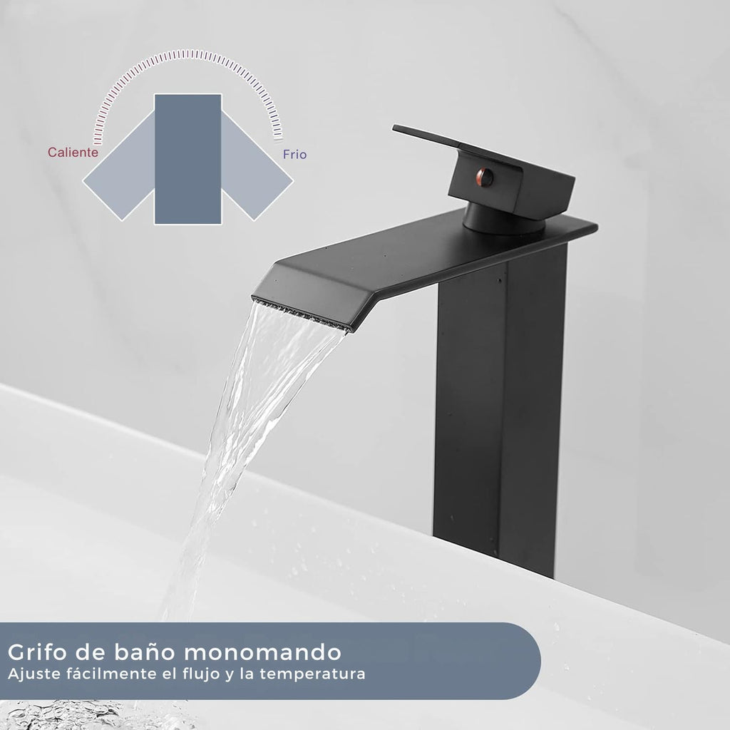 Kit Grifería Lavamanos Alta Cascada Negro Mate con Desagüe Push Negro Mate
