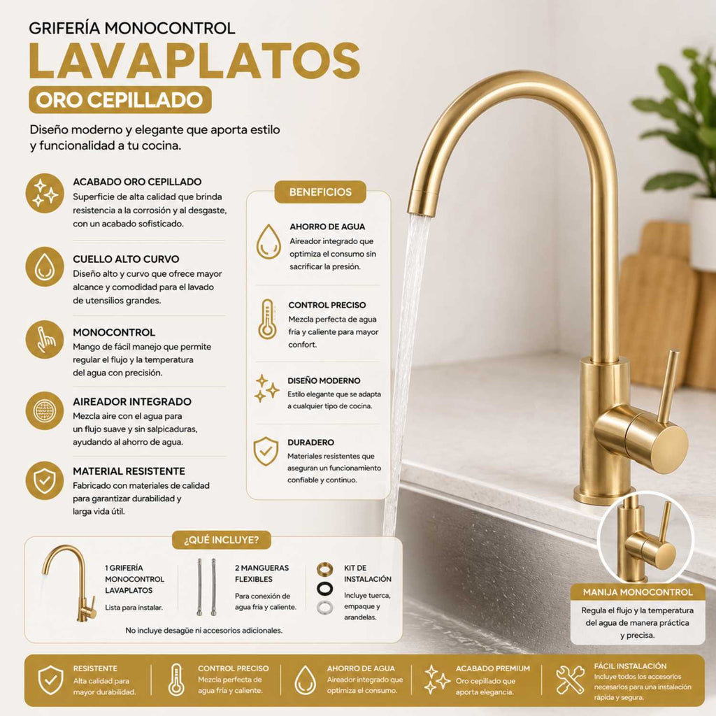 Grifería Lavaplatos Monocontrol Cuello Cisne Oro Cepillado 32 Cm