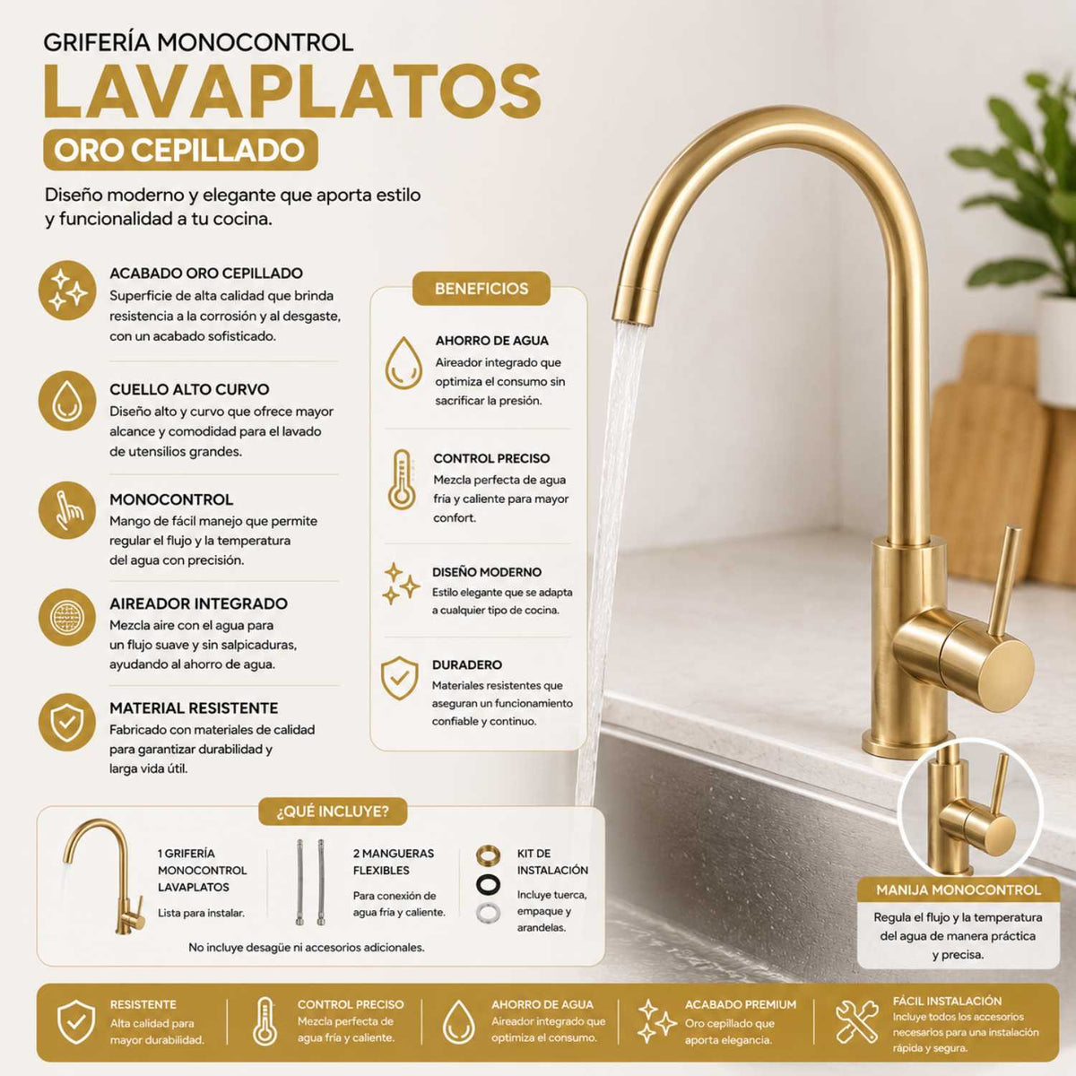 Grifería Lavaplatos Monocontrol Cuello Cisne Oro Cepillado 32 Cm