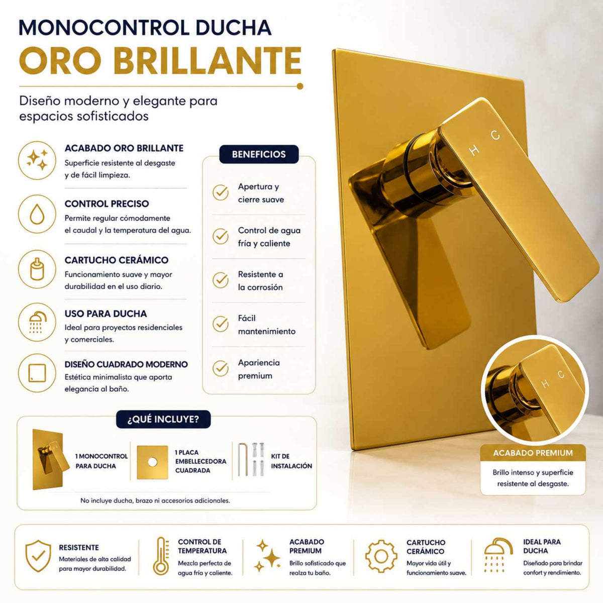 Grifería Monocontrol Ducha Plano Oro Empotrada 18 X 12 cm