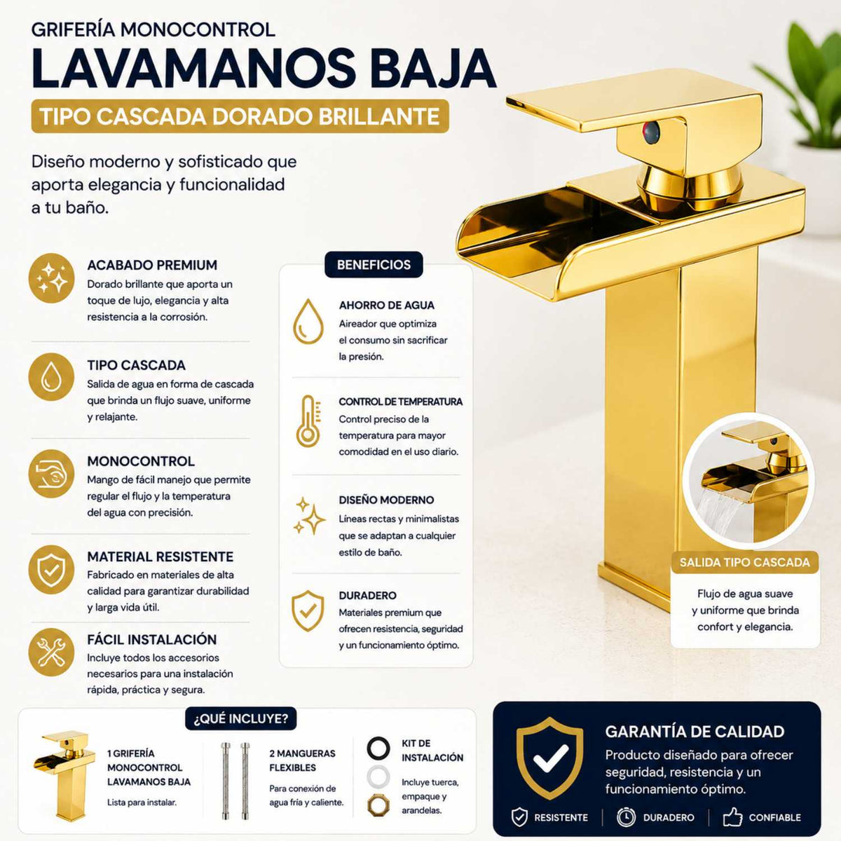 Grifería Monocontrol Lavamanos Cascada Oro Brillante 20 cm