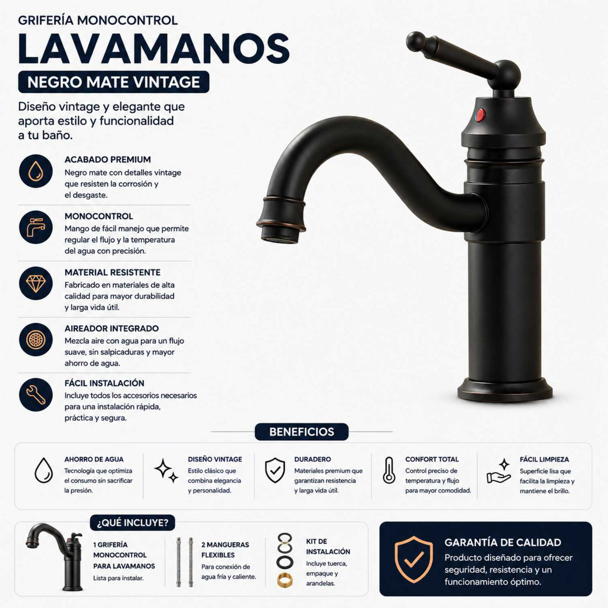 Grifería Monocontrol Lavamanos Baja Negro Mate 18 cm