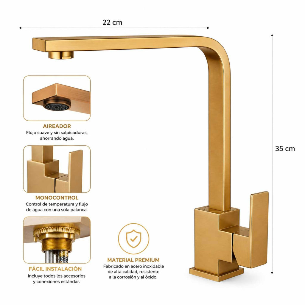 Grifería Monocontrol Lavaplatos Cuello En L Oro Cepillado 35 cm