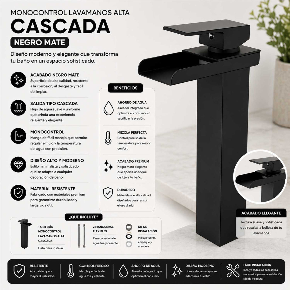 Grifería Monocontrol Cascada Negra Mate Para Lavamanos 29 cm