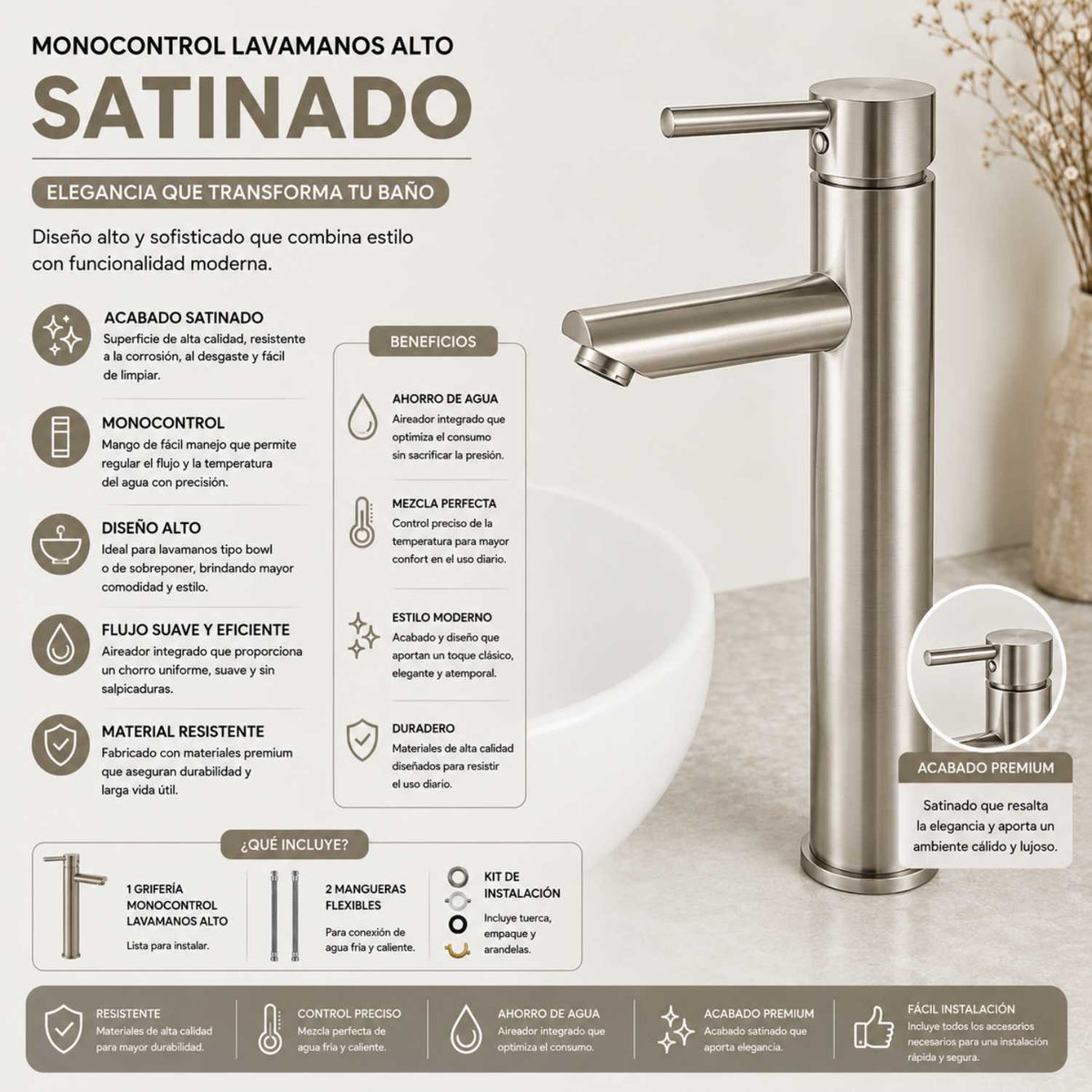 Grifería Monocontrol Lavamanos Alta Satinada 30 cm
