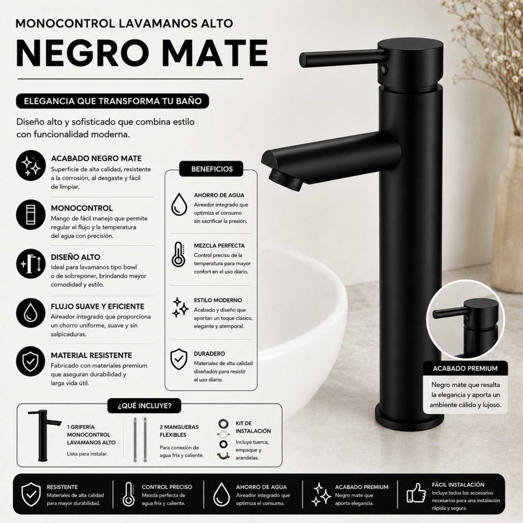 Grifería Monocontrol Lavamanos Alta Negro Mate 29 cm