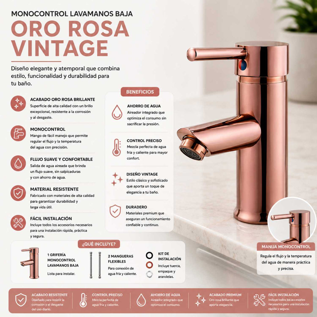 Grifería Lavamanos Bajo Monocontrol Oro Rosa 15 cm Alta con Alcance de 8 cm
