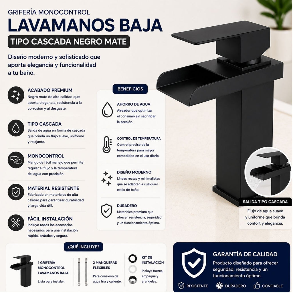 Grifería Monocontrol Lavamanos Cascada Negro Mate 20 cm