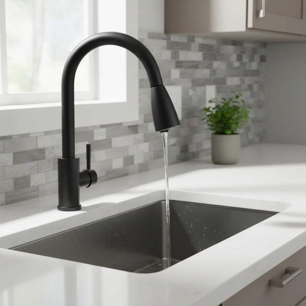 Grifería lavaplatos extraíble negra XL – instalada en cocina