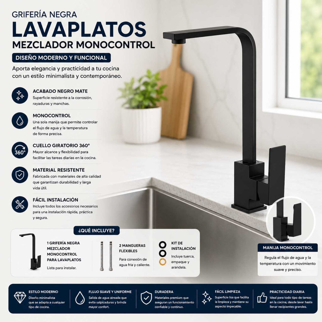 Grifería Monocontrol Lavaplatos Cuello En L Negro Mate 34 cm