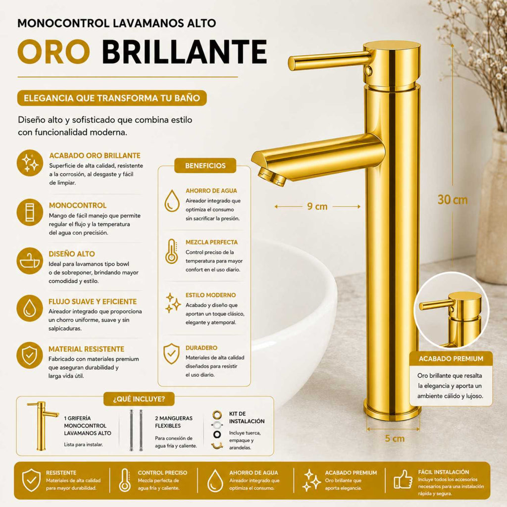 Grifería Monocontrol Lavamanos Alta Oro Brillante 30 cm