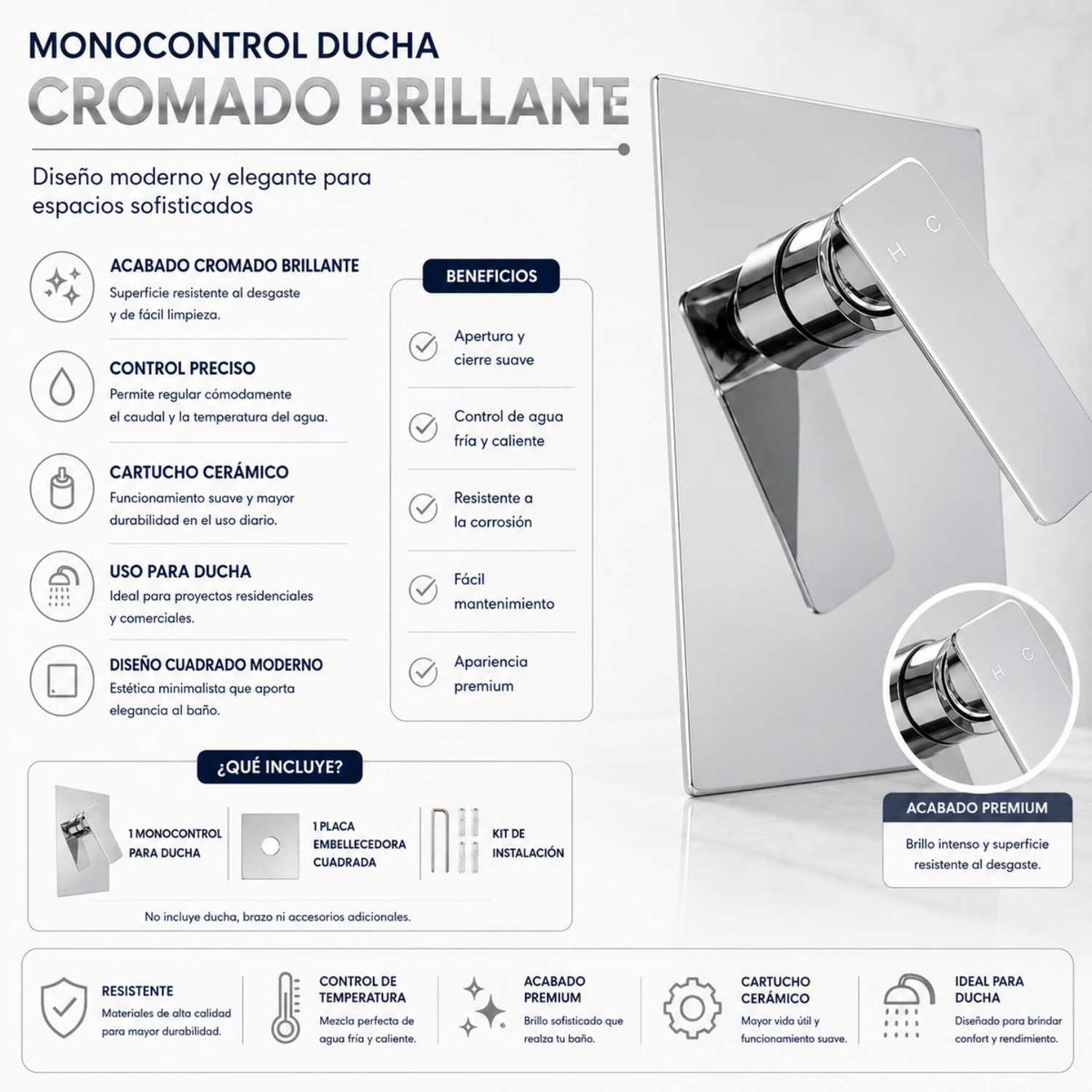 Grifería Monocontrol Ducha Plano Cromada Empotrada 18 X 12 cm