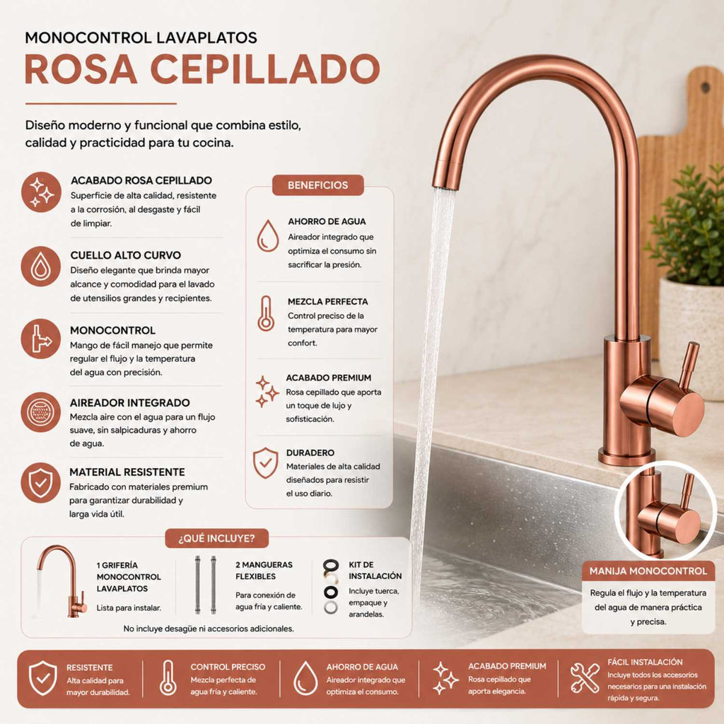 Grifería Monocontrol Lavaplatos Cuello Cisne Oro Rosa 32 cm
