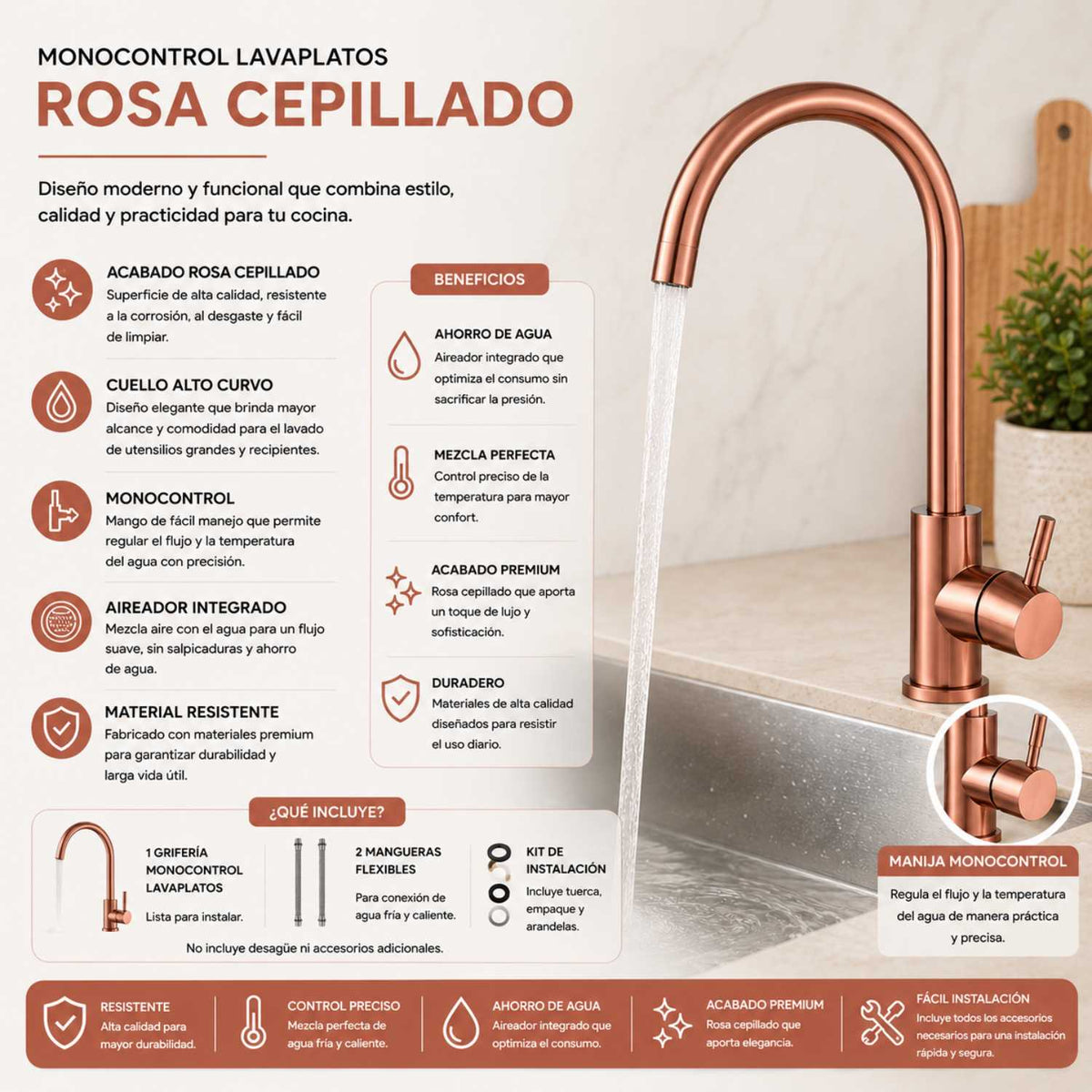 Grifería Monocontrol Lavaplatos Cuello Cisne Oro Rosa 32 cm