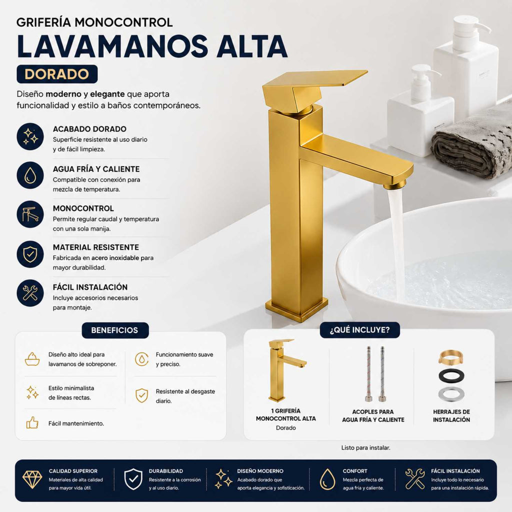 Grifería Monocontrol Lavamanos Alta Cuadrada Oro 31 cm