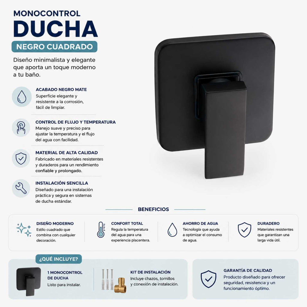 Grifería Ducha Monocontrol Negra Cuadrada Alta Calidad