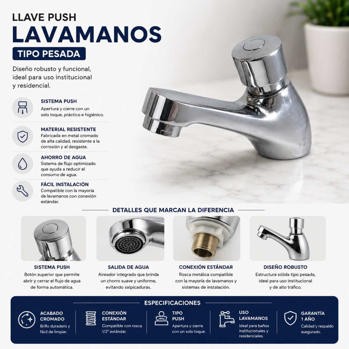 Llave Lavamanos Push Tipo Pesada Cromada 14 cm
