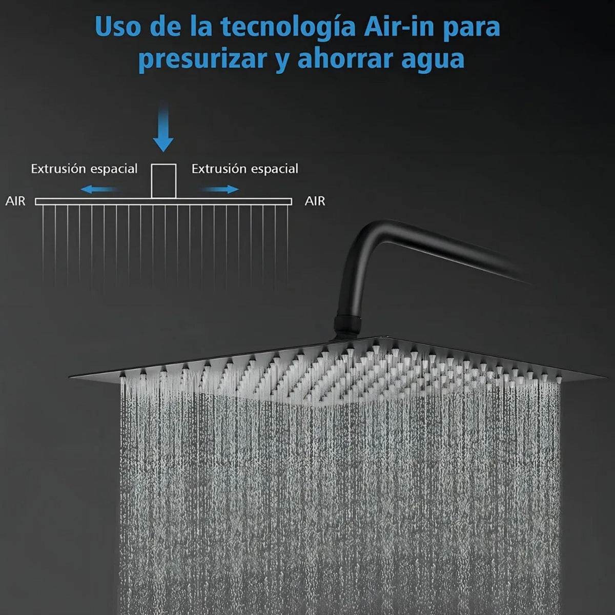 Ducha Regadera Cuadrada Color negro 25cm +Tubo