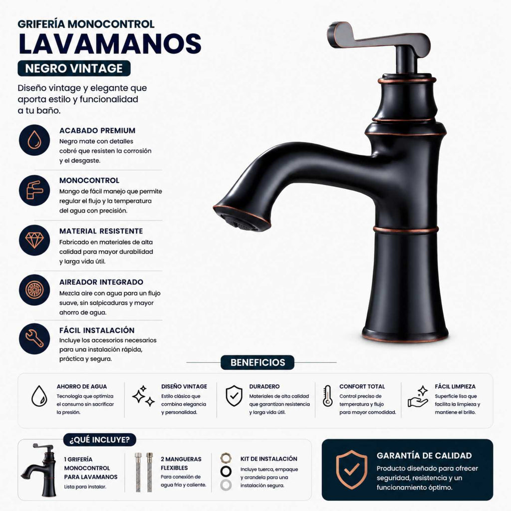 Grifería Monocontrol Lavamanos Baja Negro Mate