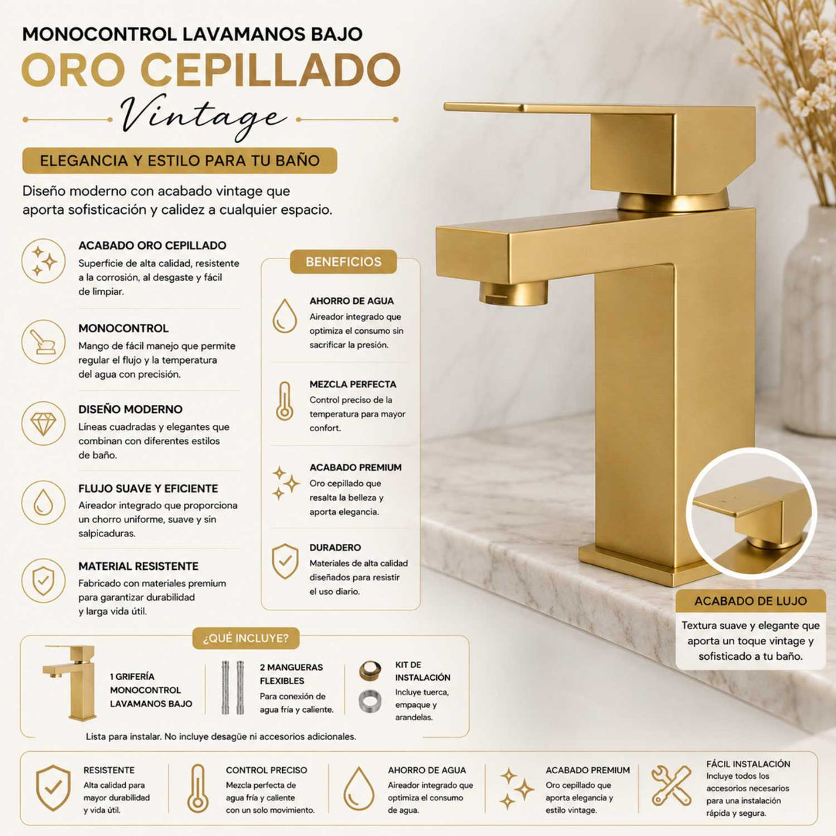 Grifería Monocontrol Lavamanos Cuadrada Oro Cepillado 17 cm