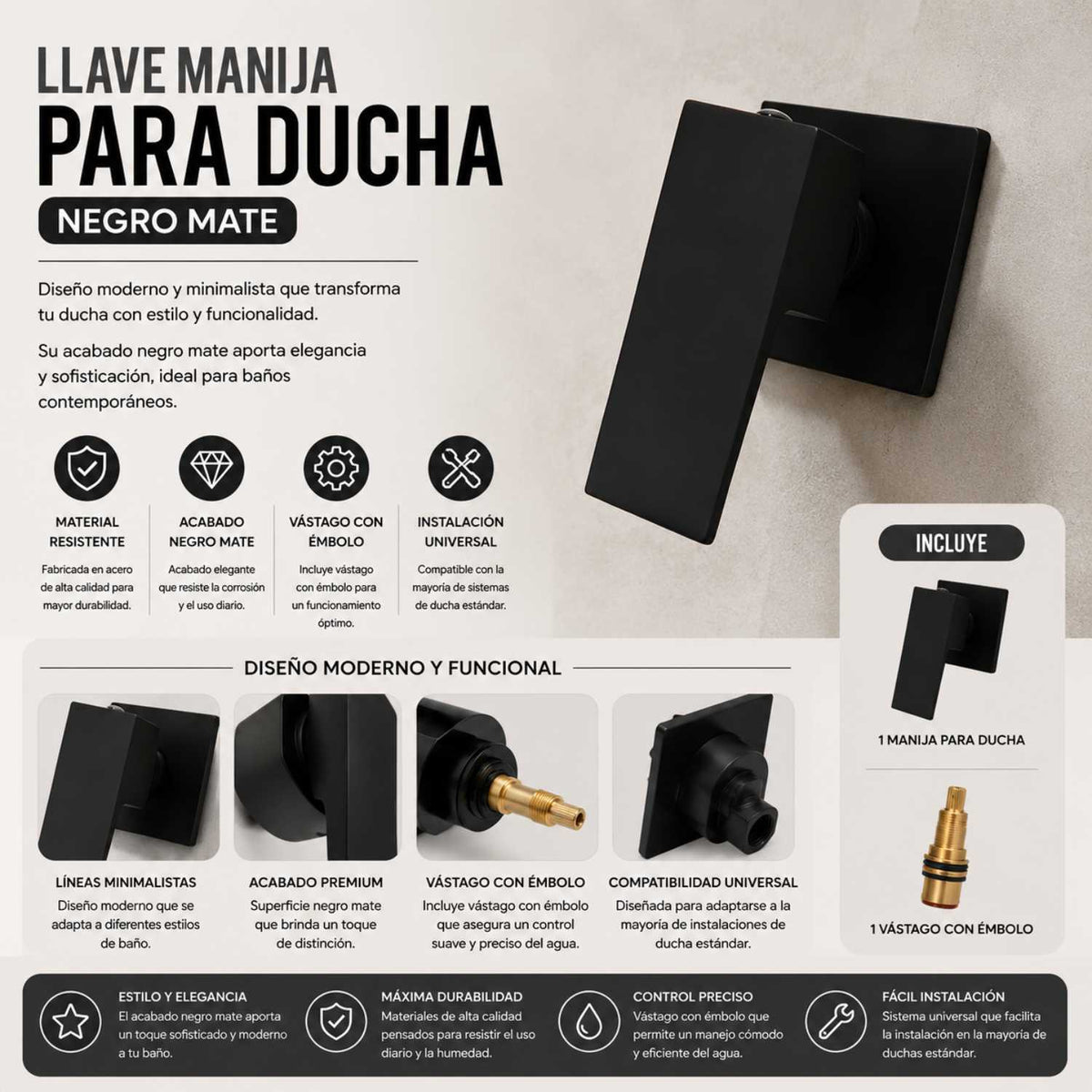 Componentes y vistas de la manilla con escudo para llave de ducha