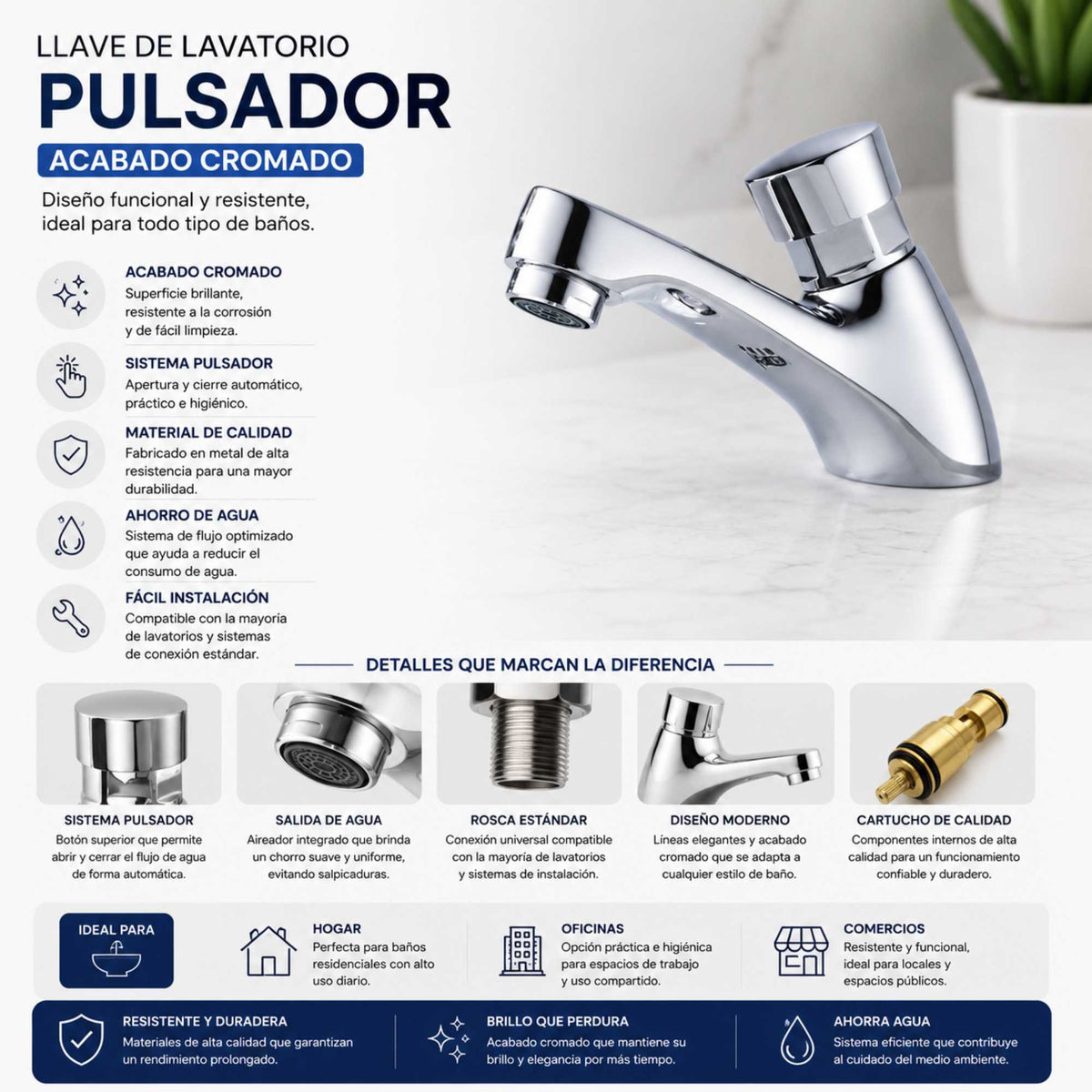Llave Lavamanos Push Cromada Con Cierre Automático