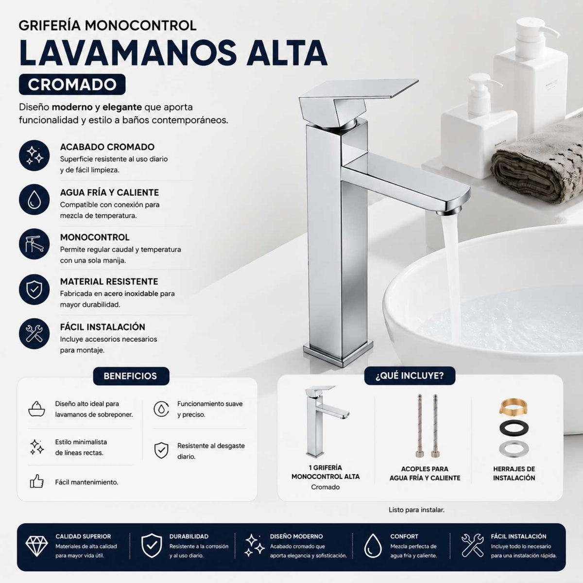 Grifería Monocontrol Lavamanos Alta Cuadrada Satinada 31 cm
