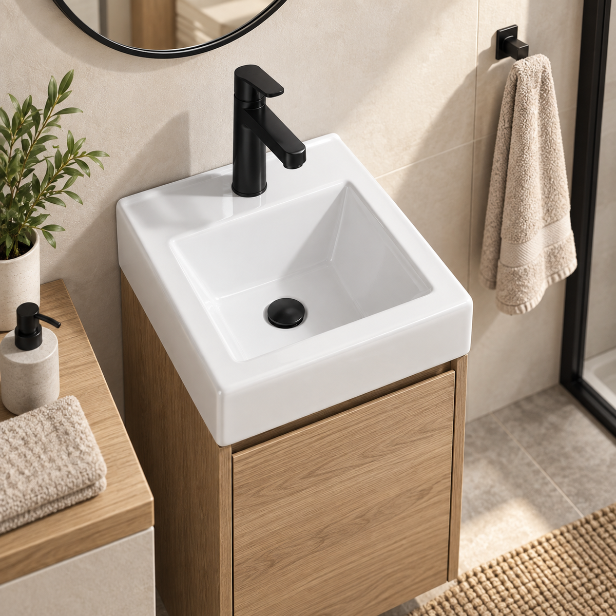 Lavamanos Integrado De Porcelana Blanco 40 X 36 X 17 Cm ambientado
