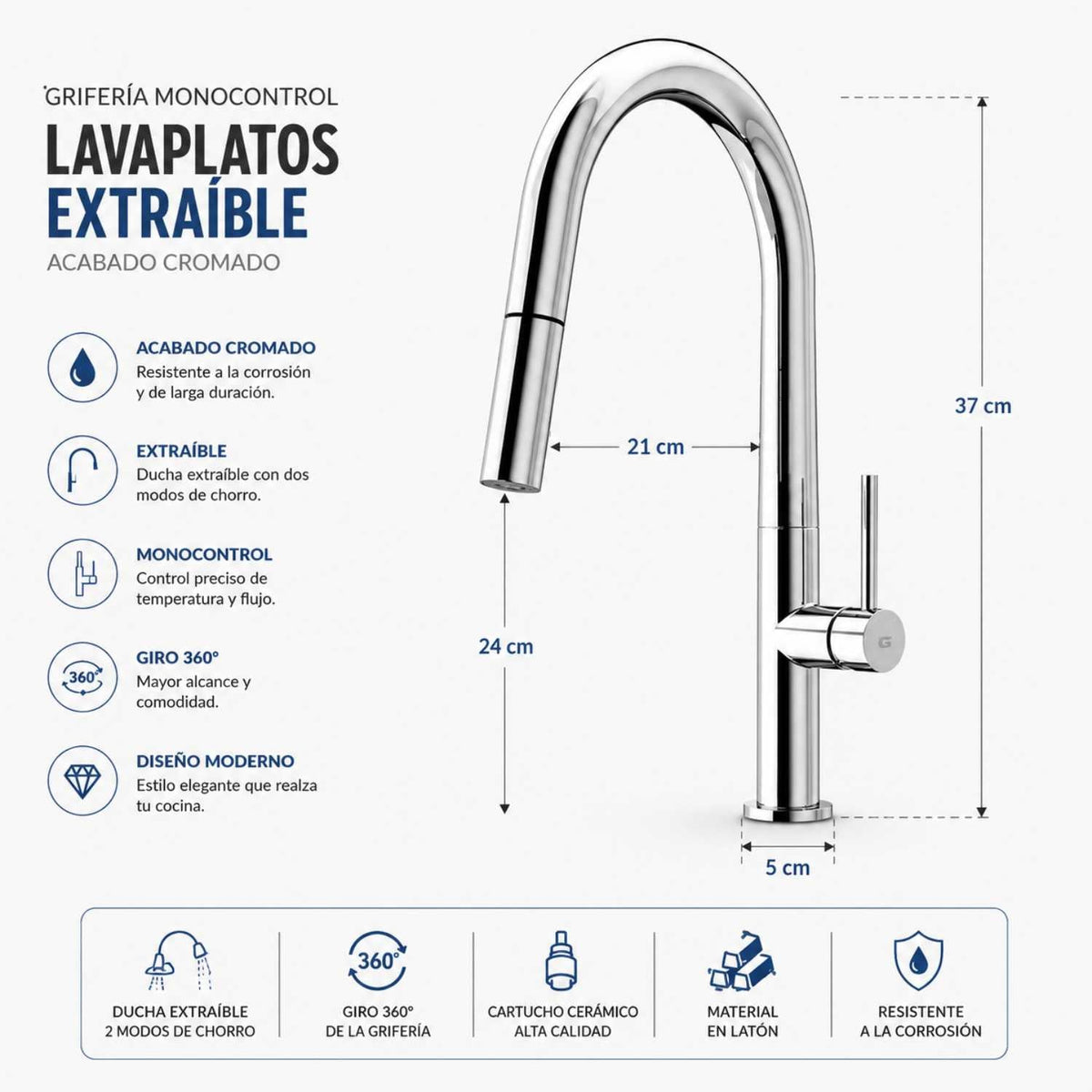 Grifería Monocontrol Lavaplatos Extraíble Cromada 37 cm