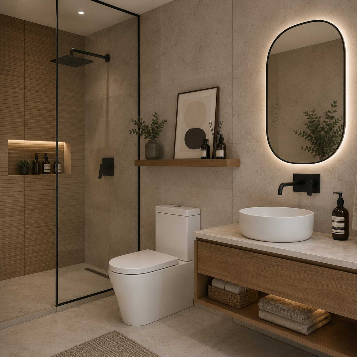 Baño moderno con manilla negro mate instalada en el muro de la ducha