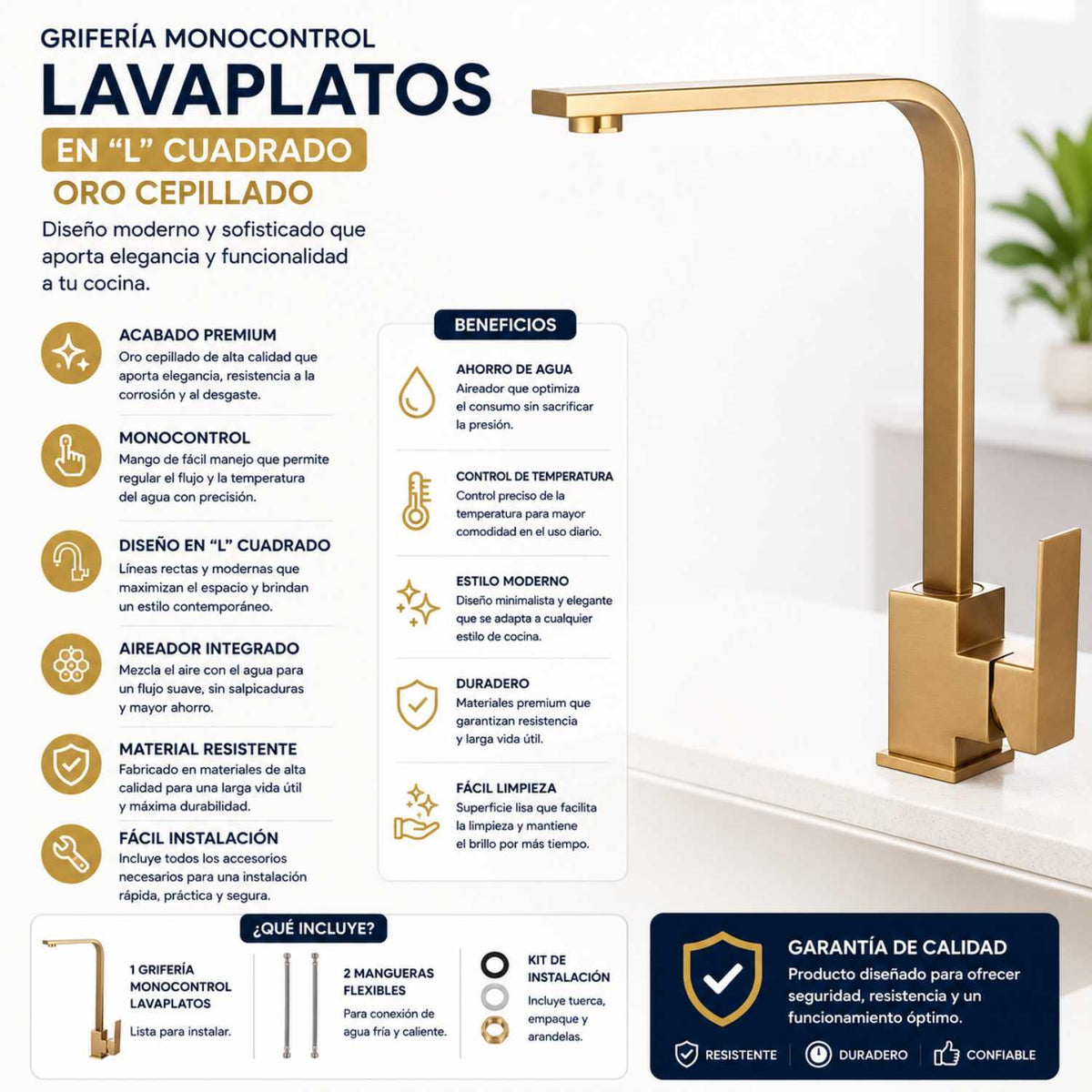 Grifería Monocontrol Lavaplatos Cuello En L Oro Cepillado 35 cm