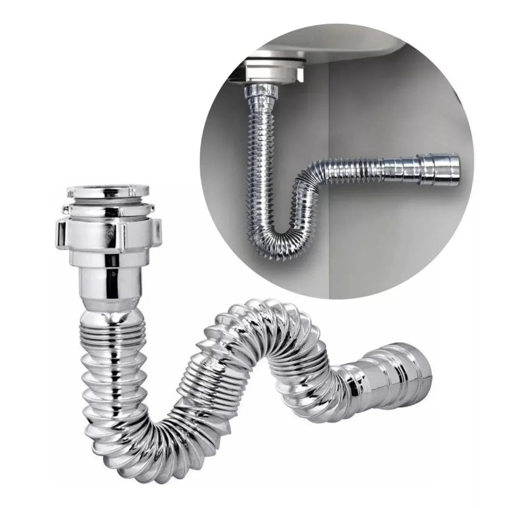 Kit Grifería Lavamanos Poste Alto Agua Fría + Sifón Desagüe Push Flexible Corrugado - Acero Inoxidable y Cromado