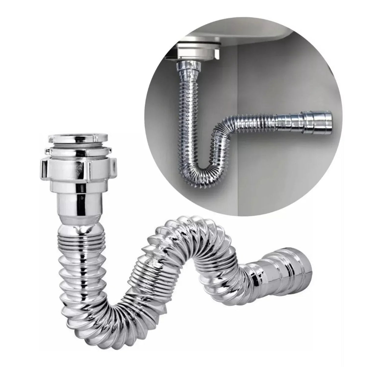 Kit Grifería Lavamanos Poste Alto Agua Fría + Sifón Desagüe Push Flexible Corrugado - Acero Inoxidable y Cromado