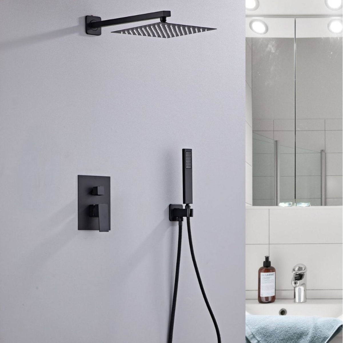Kit Ducha Monocontrol Negro Con Regadera De 25 cm Y Teleducha