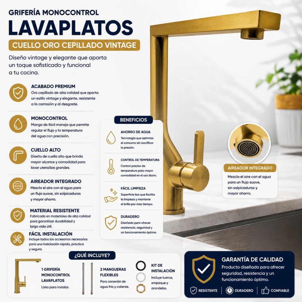 Grifería Monocontrol Lavaplatos Tipo L Oro Cepillado Cocina Moderna de Lujo