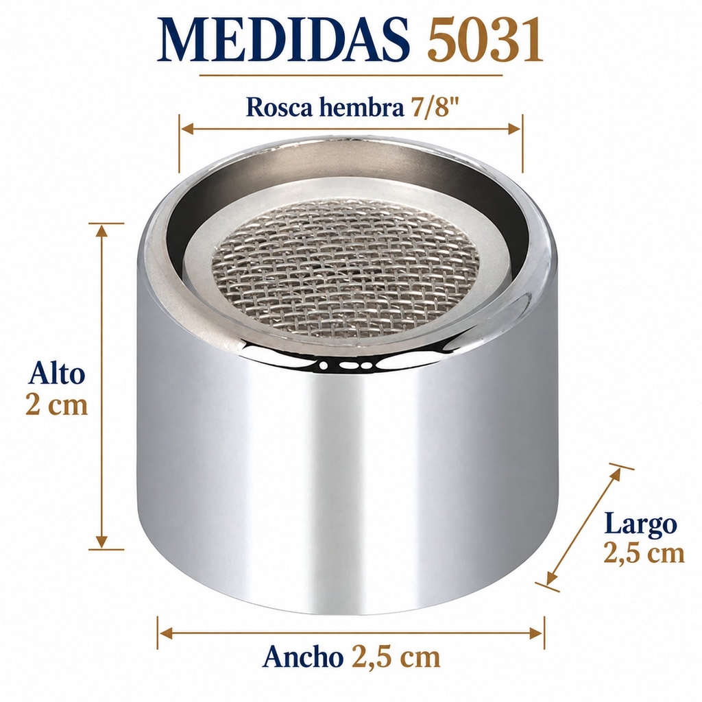 Medidas del filtro Boccherini 5031: alto 2 cm, ancho y largo 2,5 cm, rosca hembra 7/8 pulgadas