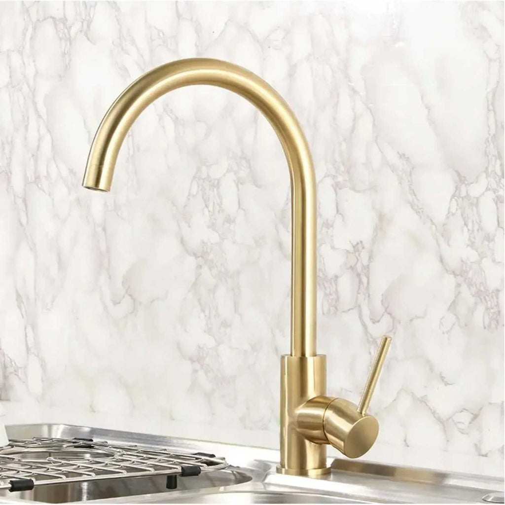 Grifería Lavaplatos Monocontrol Cuello Cisne Oro Cepillado 32 Cm