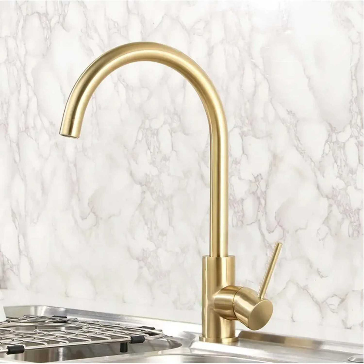 Grifería Lavaplatos Monocontrol Cuello Cisne Oro Cepillado 32 Cm