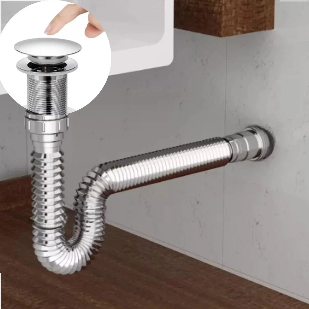 Kit Grifería Lavamanos Poste Alto Agua Fría + Sifón Desagüe Push Flexible Corrugado - Acero Inoxidable y Cromado