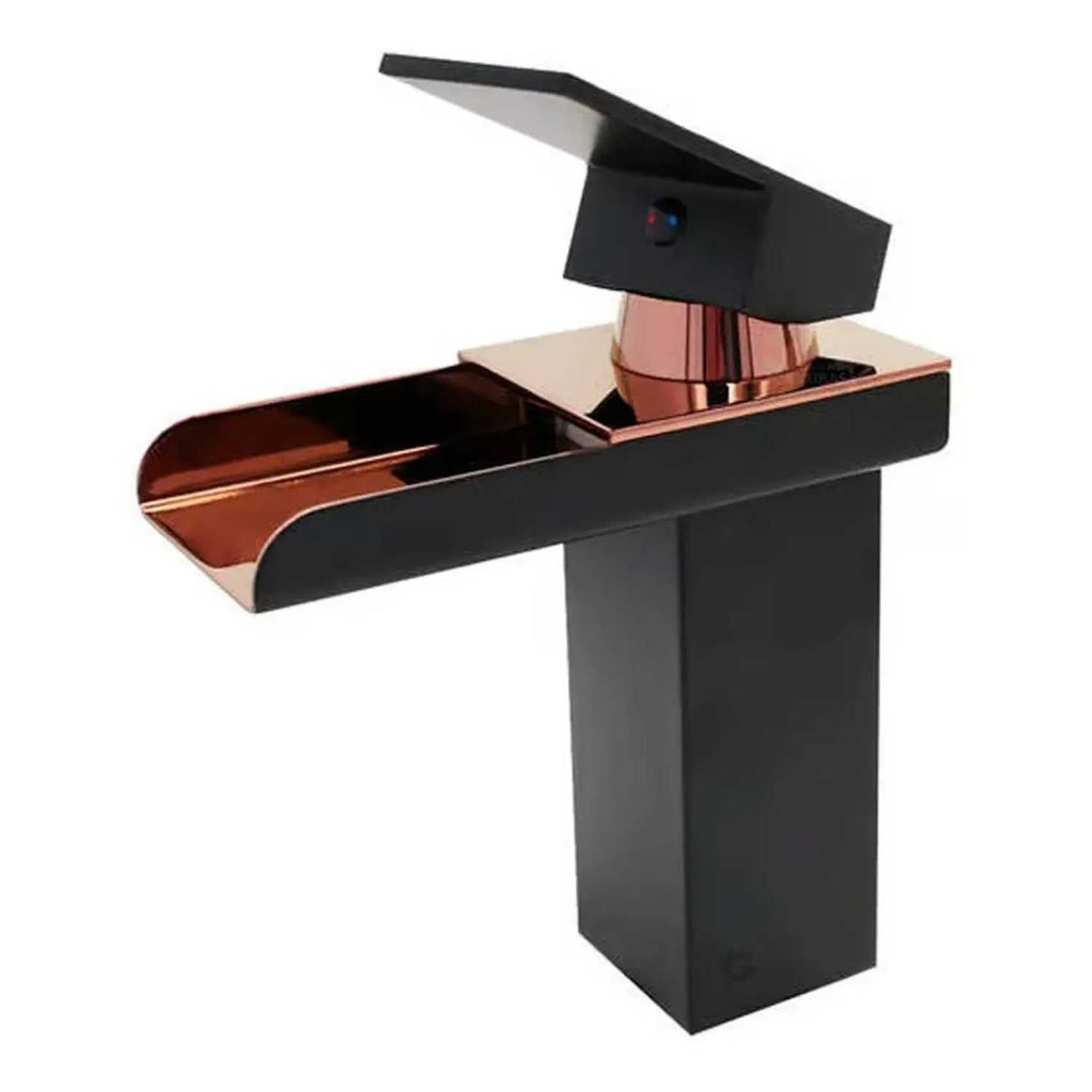 Grifería Monocontrol Lavamanos Cascada Negro Y Oro Rosa 18 cm