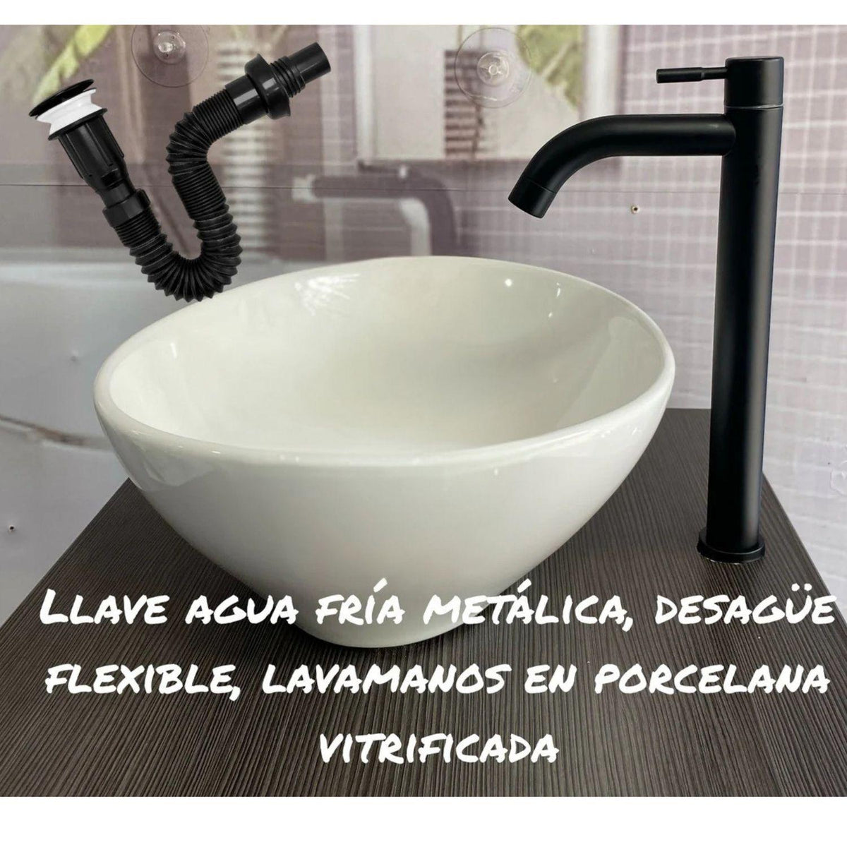 Kit Lavamanos Canoa Blanco 40,5 × 31 cm + Grifería Alta Negra + Desagüe Push y Acoflex