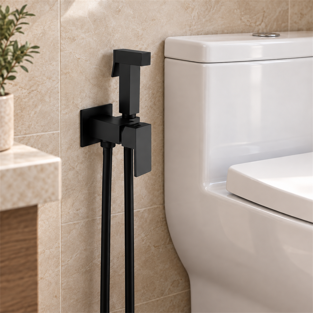 Teleducha negra con registro junto a sanitario, referencia de instalación