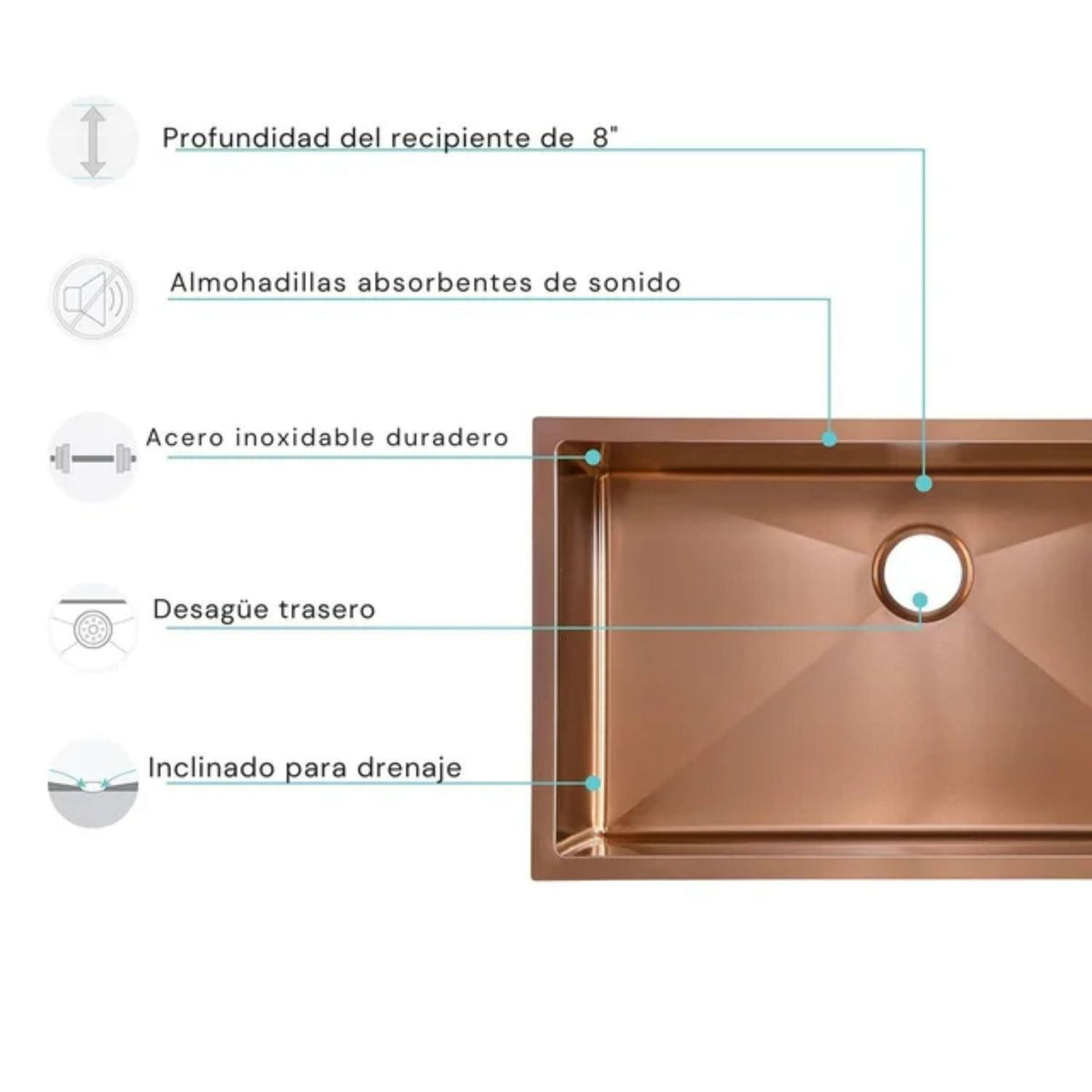 Lavaplatos Empotrado Acero 304 Oro Rosa 60 X 45 X 21 cm