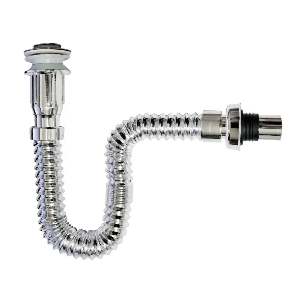 Kit Grifería Lavamanos Poste Alto Agua Fría + Sifón Desagüe Push Flexible Corrugado - Acero Inoxidable y Cromado