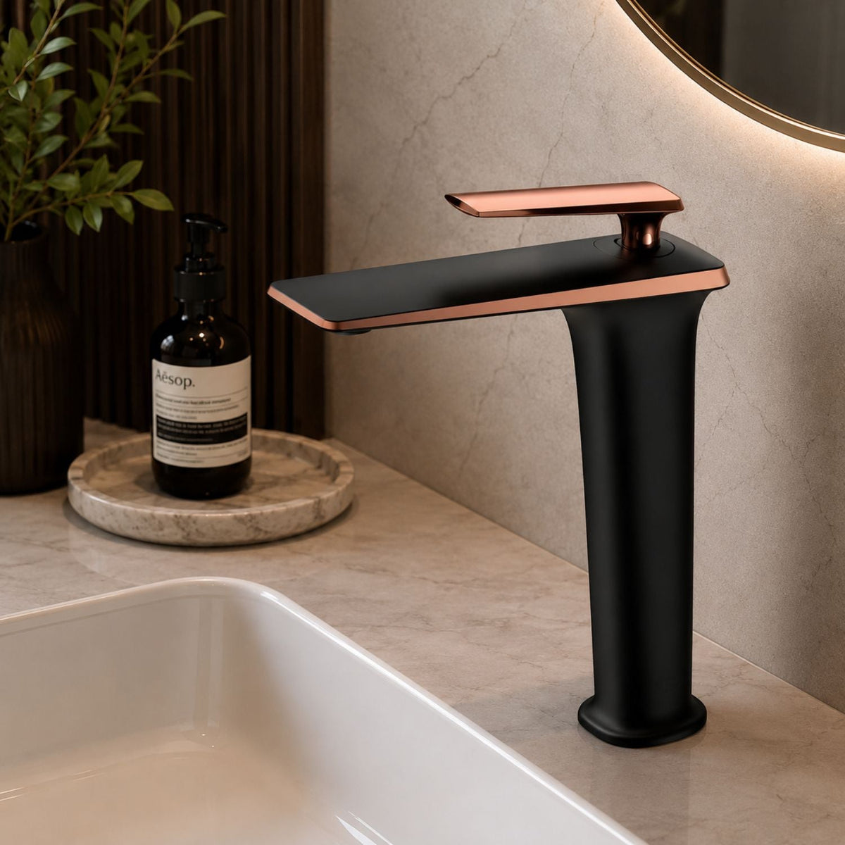 Grifería Monocontrol Alta Negro Y Oro Rosa Para Lavamanos
