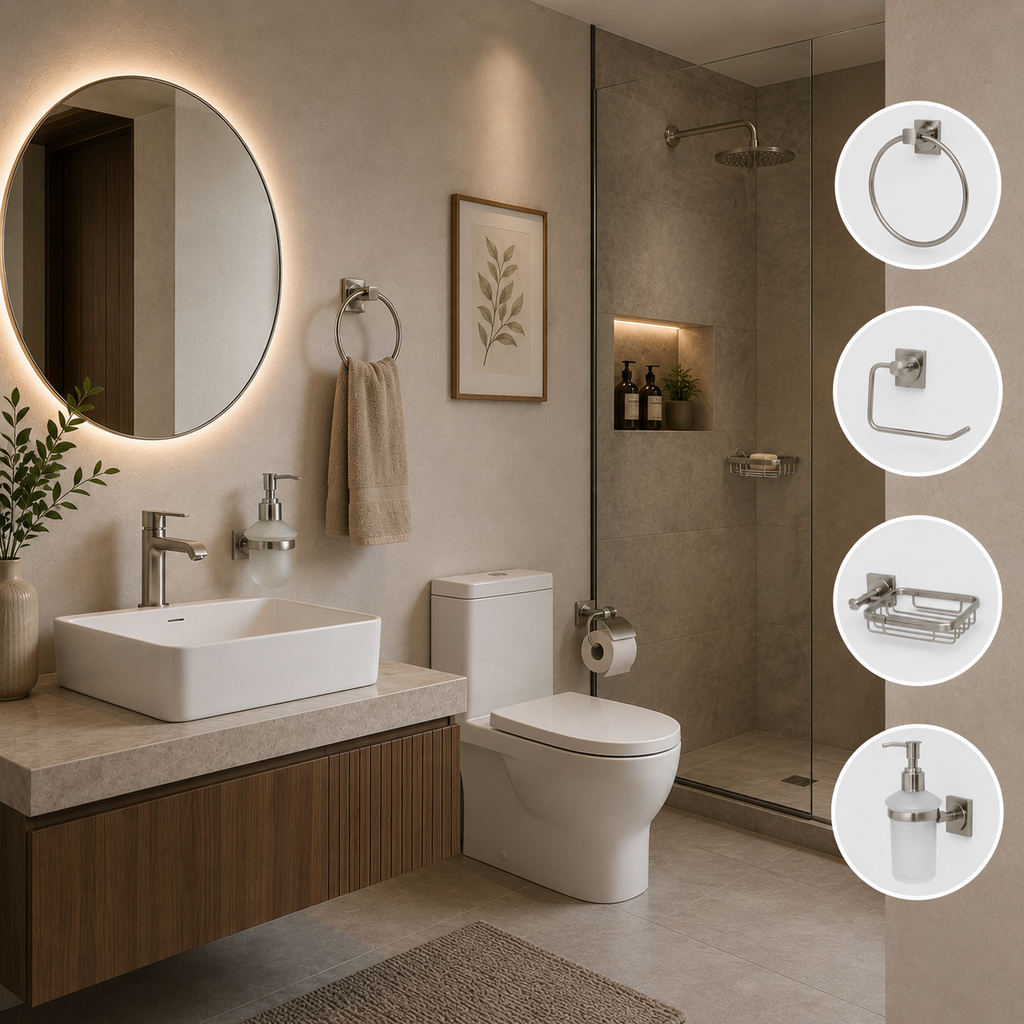 Baño premium con set de accesorios satinados x4 piezas instalado