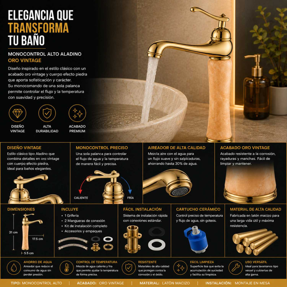 Grifería Monocontrol Lavamanos Alto Aladino Oro Vintage